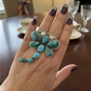 Turquoise Flower Statement Ring - Blue Silver Tone